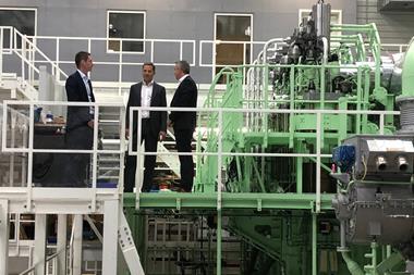 Trafigura's Rasmus Bach Nielsen, Global Head of Shipping Decarbonisation, and Jose Maria Larocca, Co-head of Oil Trading, visiting MAN Energy Solutions' test engine in Copenhagen with Brian Østergaard Sørensen, Vice President, Head of R&D Two-Stroke, earl