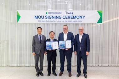 (l-r) Ki-sun Chung, chair & CEO of HD Hyundai; Hyung Kwan Kim, president & CEO of HD KSOE; Patrick Ryan, ABS SVP and CTO; and John McDonald, ABS chair and CEO