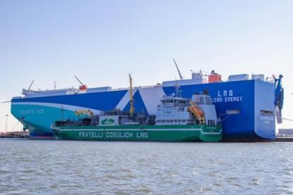 Celeste Ace taking on board bio-LNG from the Fratelli Cosulich LNG barge