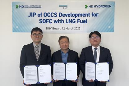 (l-r) Sangmin Park, vice president of HD KSOE; Hwa Lyong Lee, senior vice president of DNV and Seunghwan Oh, vice president of HD Hydrogen