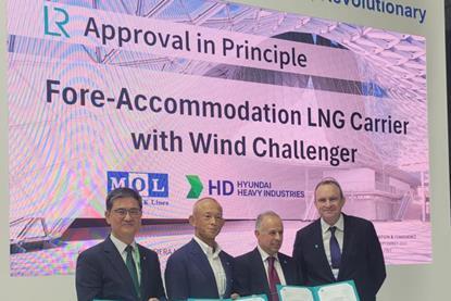(l-r) Hongryeul Ryu, EVP & CTO, HD Hyundai Heavy Industries; Hisashi Umemura, senior managing executive officer, MOL; Jason Clifton-Samuel, deputy commissioner of Maritime Affairs, Republic of the Marshall Islands; Andy Mckeran, chief growth officer, LR