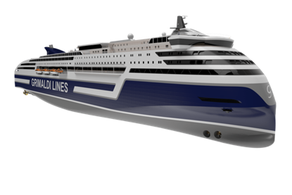 The image shows the design of the new Grimaldi RoPax vessel