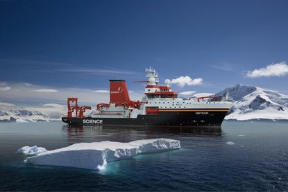 Render of the METEOR IV research vessel with land and icebergs