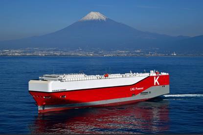 K Line's Oceanus Highway LNG car carrier at sea with Mount Fuji in the background