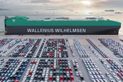 Wallenius Wilhelmsen PCTC at port with rows of cargo