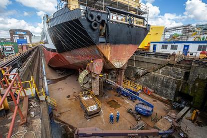 Damen Shiprepair Amsterdam lifted the new Marin/Wageningen 19A nozzles with chain clocks before welding them in place. (credit: Damen)