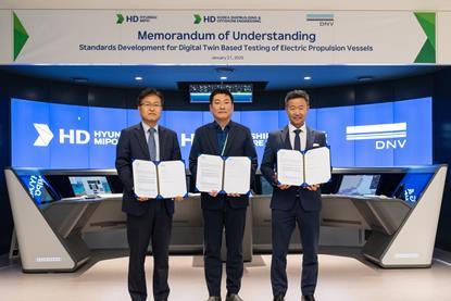 Three representatives from DNV, HMD and HD KSOE celebrate a signing of an MoU to develop a digital twin to aid with testing electric propulsion