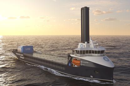 The image shows the NordBulk by LH2 Shipping AS, powered by liquid hydrogen (LH₂) on the water at sunrise