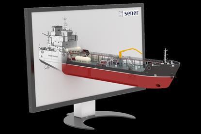 Image of a Sener sustainable tanker design coming out of a computer screen