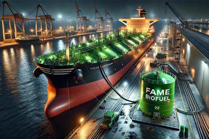 DALLE 2025-04-29 10.44.12 - A highly realistic night-time depiction of a bulk carrier named Green Horizon docked at an industrial port refueling with biof (002) (1)