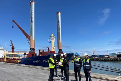 The image shows the Onego Deusto equipped with its new eSAILs moored at the Bilbao quayside