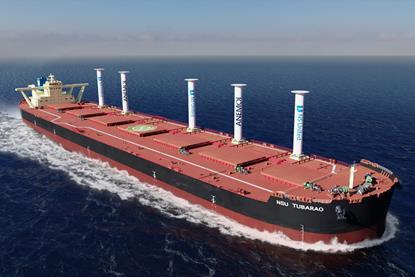 Graphic of NSU Tubarao VLOC with five rotor sails on board