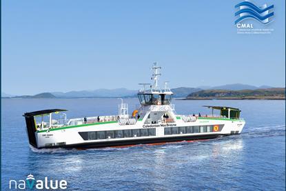 render of a CMAL electric ferry at sea with low mountains behind