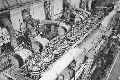 Top view of the Fiat engine which had achieved over 32,500bhp on test, showing the cylinder tops and Brown Boveri turbochargers.