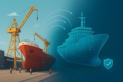 The graphic shows a digital shipbuilding render of a ship on the quayside