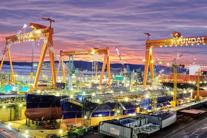 Hyundai cranes and a ship building built