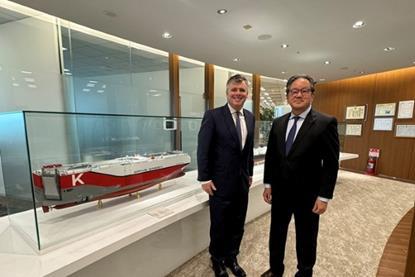 (l-r) Yukikazu Myochin, president & CEO of K Line and Ben Palmer, president of Immarsat Maritime