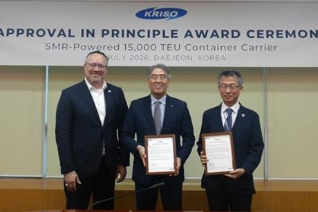 (l-r) Patrick Ryan, ABS SVP and CTO; Keyyong Hong, KRISO president and Jinyoung Cho, KAERI SVP, Advanced Nuclear Reactor Lab