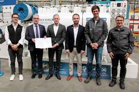(l-r) Michail Cheliotis, marine surveyor, Lloyd’s Register; Peter Van de Graaf, strategic key account business partner, Lloyd’s Register; Tim Berckmoes, CEO, Anglo Belgian Corporation; Louis Vercauter, project coordinator, CMB.TECH; Edward Belderbos, proj