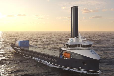 The image shows the NordBulk by LH2 Shipping AS, powered by liquid hydrogen (LH₂) on the water at sunrise