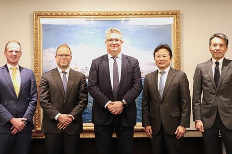 CIP Partner, Gordon White, CIP Partner/APAC Regional Head for the Flagship Funds Thomas Wibe Poulsen, CIP Managing Partner Jakob Poulsen, MOL Managing Executive Officer Masayuki Sugiyama, MOL Wind Power Unit General Manager Takeyasu Moriguchi