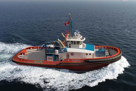 Image of a tug flying a Canadian flag