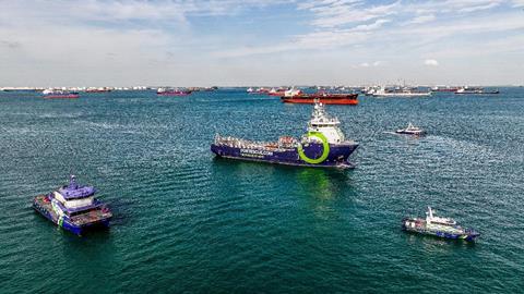 Singapore-flagged ammonia-powered vessel, the Fortescue Green Pioneer in the Port of Singapore.