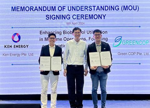 (l-r) Candy Tan, director, Ken Energy; Kenneth Lim, assistant CEO (Industry & Transformation), Maritime and Port Authority of Singapore; Dr Hanson Lee, founder/CEO, Green COP