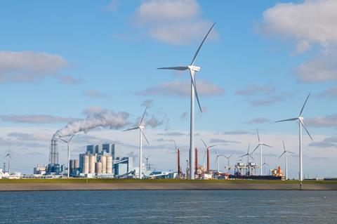 Factories and wind turbines