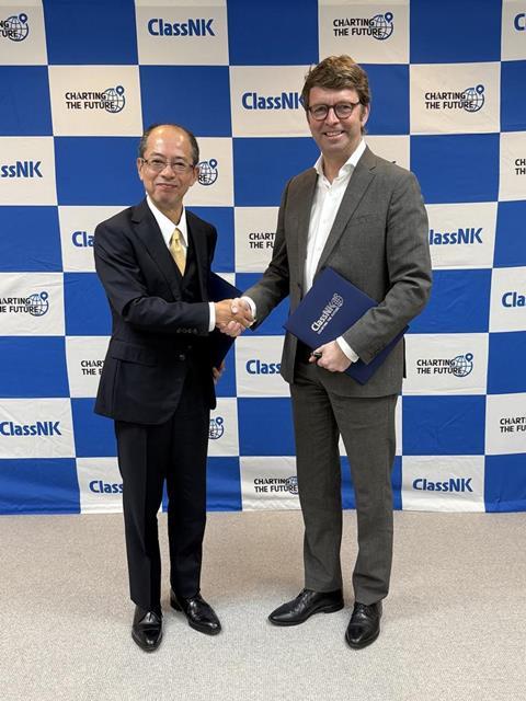 ClassNK’s EVP, Dr Yoshiya Yamaguchi (left) and OceanScore’s MD, Albrecht Grell OceanScore