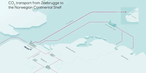 A map showing the Fluxys/Equinor carbon capture project