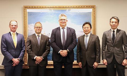 CIP Partner, Gordon White, CIP Partner/APAC Regional Head for the Flagship Funds Thomas Wibe Poulsen, CIP Managing Partner Jakob Poulsen, MOL Managing Executive Officer Masayuki Sugiyama, MOL Wind Power Unit General Manager Takeyasu Moriguchi