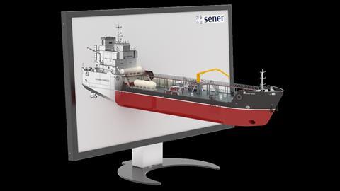 Image of a Sener sustainable tanker design coming out of a computer screen