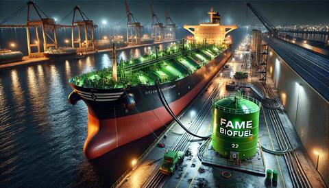 DALLE 2025-04-29 10.44.12 - A highly realistic night-time depiction of a bulk carrier named Green Horizon docked at an industrial port refueling with biof (002) (1)