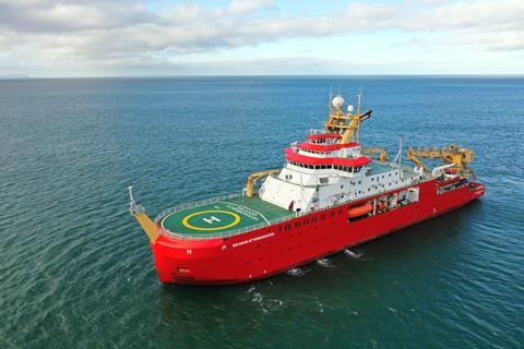 The design of the 129m <i>Sir David Attenborough</i> has potential synergies with a proposed dedicated surveillance vessel to protect telecommunication cables. (credit: British Antarctic Survey)