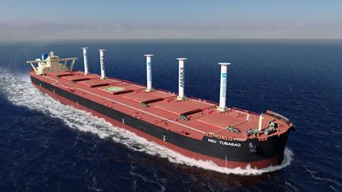 Graphic of 'NSU Tubarao' VLOC with five rotor sails on board