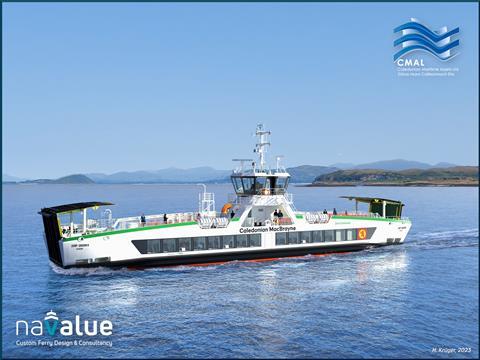 render of a CMAL electric ferry at sea with low mountains behind