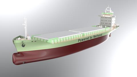 3D render of a proposed dual-fuel methanol cargo ship. The words