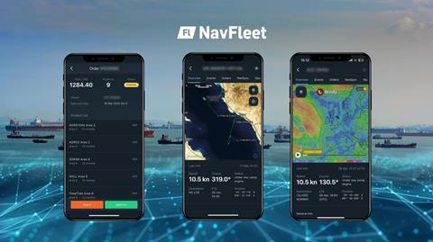 Three smart phones showing various screens from Navtor's NavFleet app