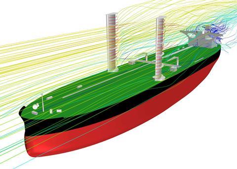 Rendering of the VLCC with the wings sails in place (Image copyright KSOE)