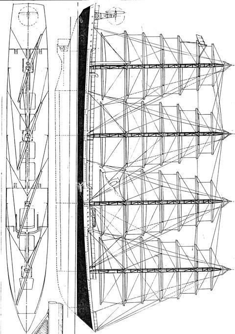 Drawing showing a generic square rigged sailing ship of 10,000 dwt fitted with the stayed Dyna-rig