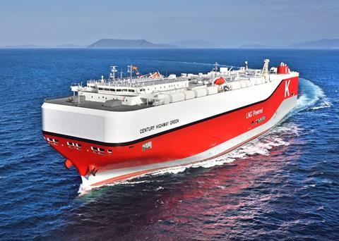 K Line took delivery of its first LNG-fuelled PCTC <i>Century Highway Green</i> in March 2021.