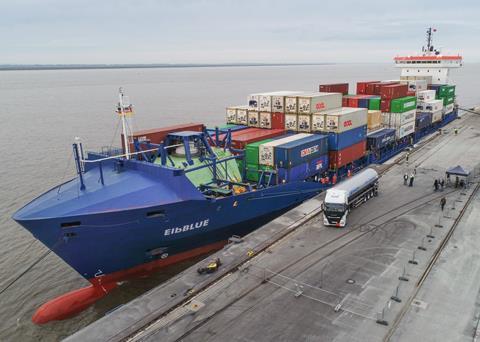 The containership <i>ElbBLUE</i> bunkered green SNG (Synthetic Natural Gas) at the Elbe port in Brunsbüttel, Germany on 29 September 2021.
