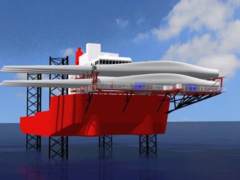 A computer image showing a Seajacks vessel with blades