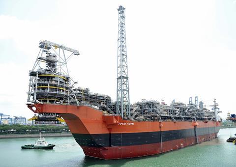 The newly converted ‘FPSO PSVM’ leaving Jurong shipyard