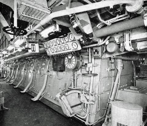 The port side of the Sulzer main engine in ‘Seine Lloyd’ showing the control position
