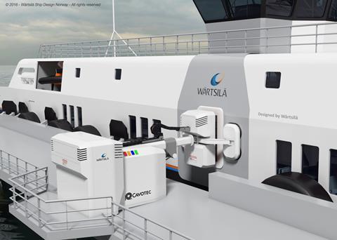 Induction transfer charging and vacuum-suction mooring could eliminate the safety hazards and maintenance demands of ship to shore cabling for electric vessels