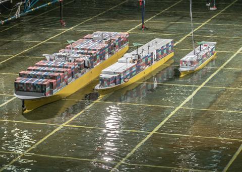 Scale models of a large containership, panamax and feeder in the test basin at MARIN.