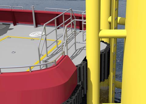 Drawing showing the new active fender system (AFS) for use on windfarm support vessels being developed by BMT
