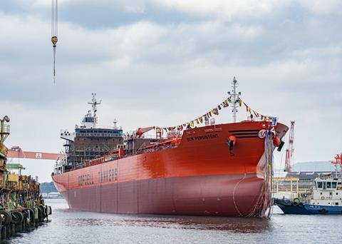 The <i>Bow Persistent</i> parcel tanker, pictured at her naming ceremony in January. (Credit: Odfjell)